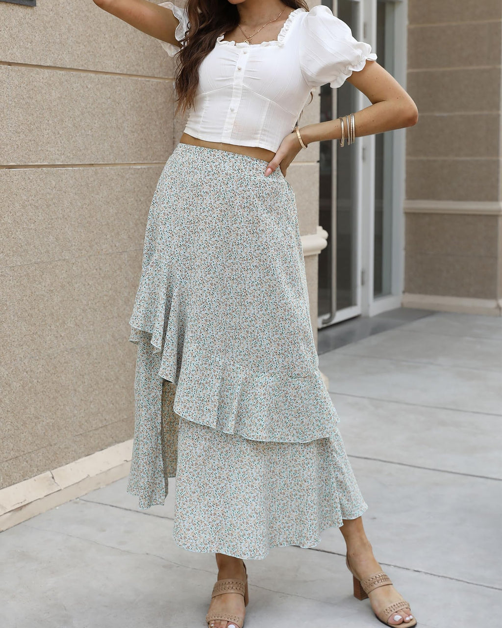 FreshPretty Women Summer Fall Boho Long Skirts Dress Floral Print Elastic Waist Split Ruffle High Low Beach Maxi Skirt