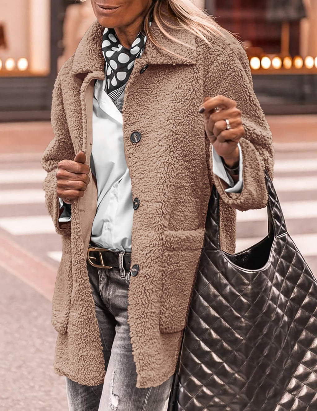 PRETTYGARDEN Women's Winter Faux Fur Coats Long Sleeve Lapel Button Down Pockets Fleece Sherpa Jacket Casual Trendy Outerwear