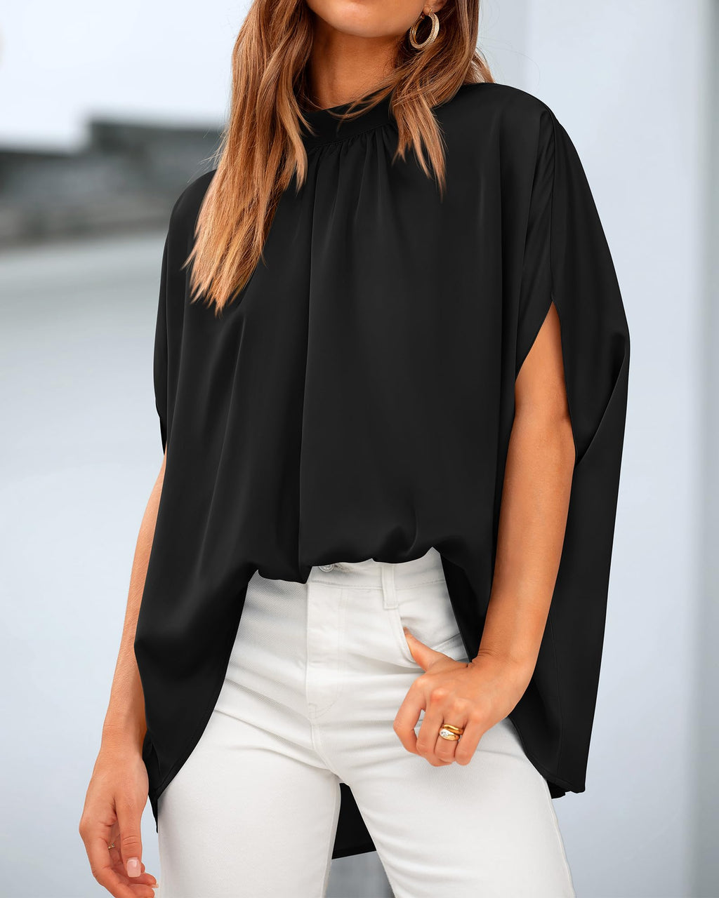 FreshPretty Womens Summer Tops Fall Mock Neck Batwing Sleeve Shirts Loose High Low Hem Oversized Dressy Casual Blouses