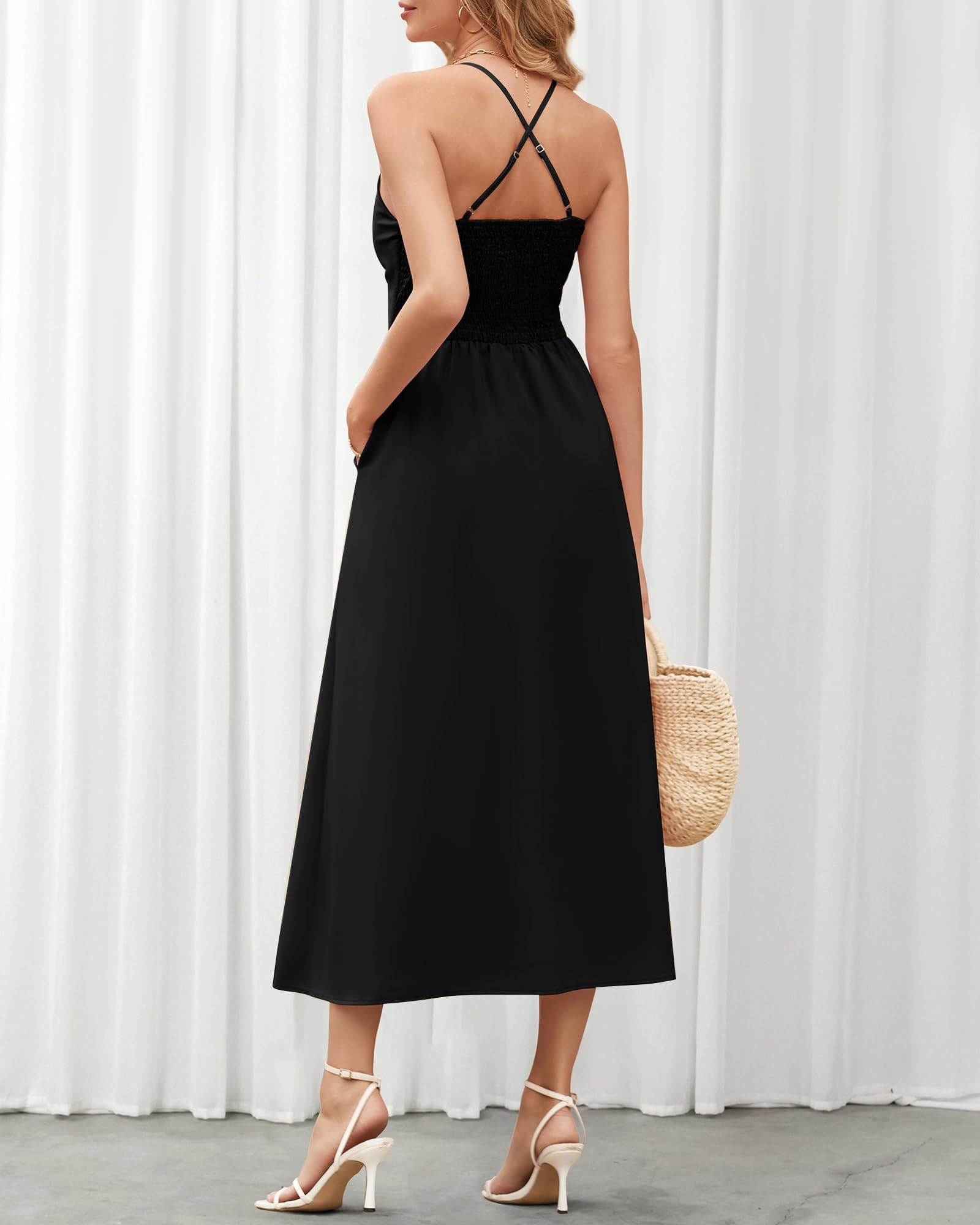 BTFBM Women Spaghetti Strap Midi Summer Dresses Sleeveless V Neck Cutout Slit Casual Beach Party Maxi Dress Pockets