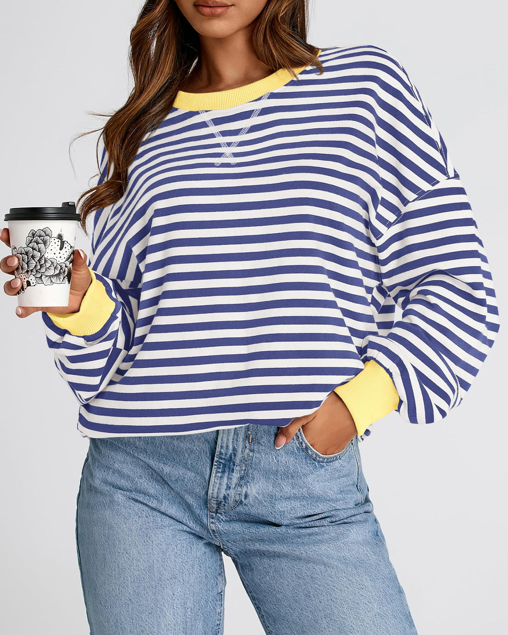 BTFBM Sweatshirt For Women Summer Crewneck Long Sleeve Oversized Striped Pullover Tops Y2K Clothes Workout Shirt