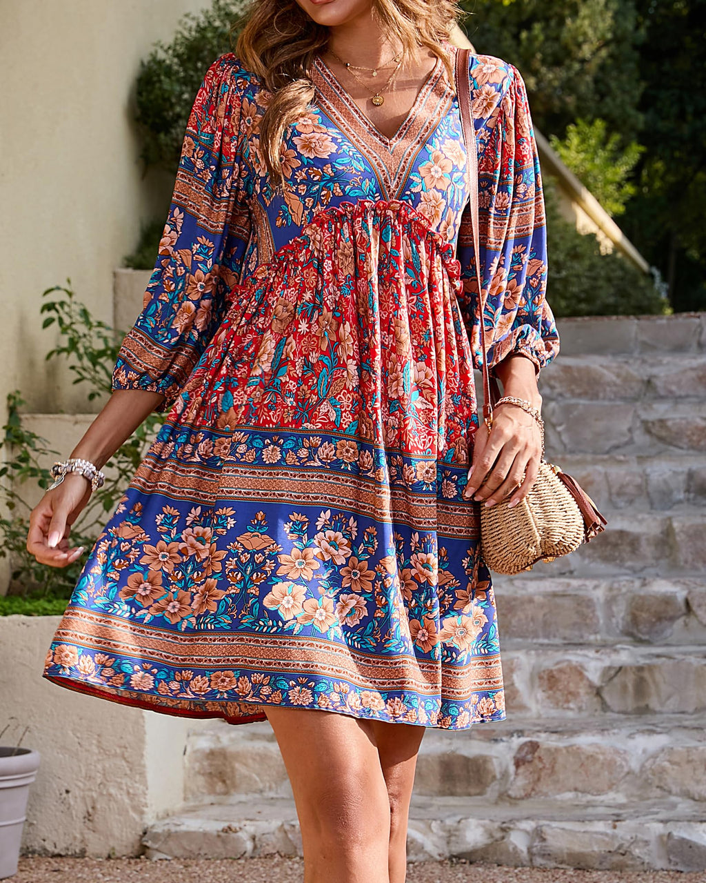 BTFBM Women Casual Spring Summer Dresses V Neck 3/4 Long Sleeve Ruffle Floral Flowy Boho Babydoll Mini Short Beach Dress