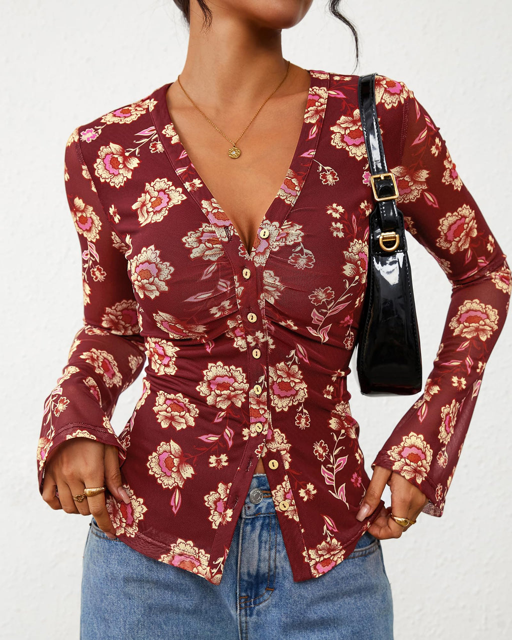 FreshPretty Button Down Shirts for Women Fall Fashion V Neck Long Sleeve Blouse Ruched Mesh Fitted Floral Print Boho Tops