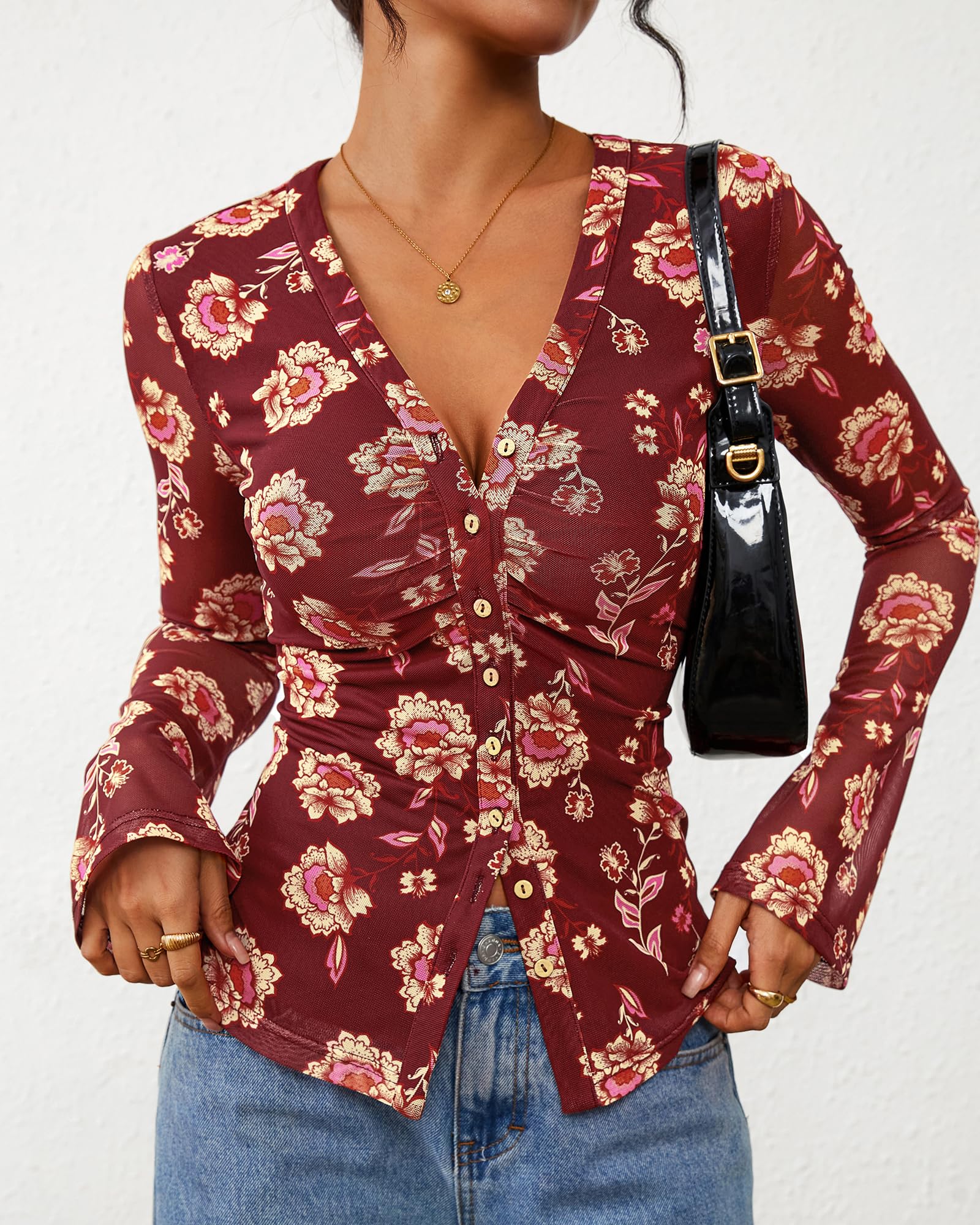 FreshPretty Button Down Shirts for Women Fall Fashion V Neck Long Sleeve Blouse Ruched Mesh Fitted Floral Print Boho Tops