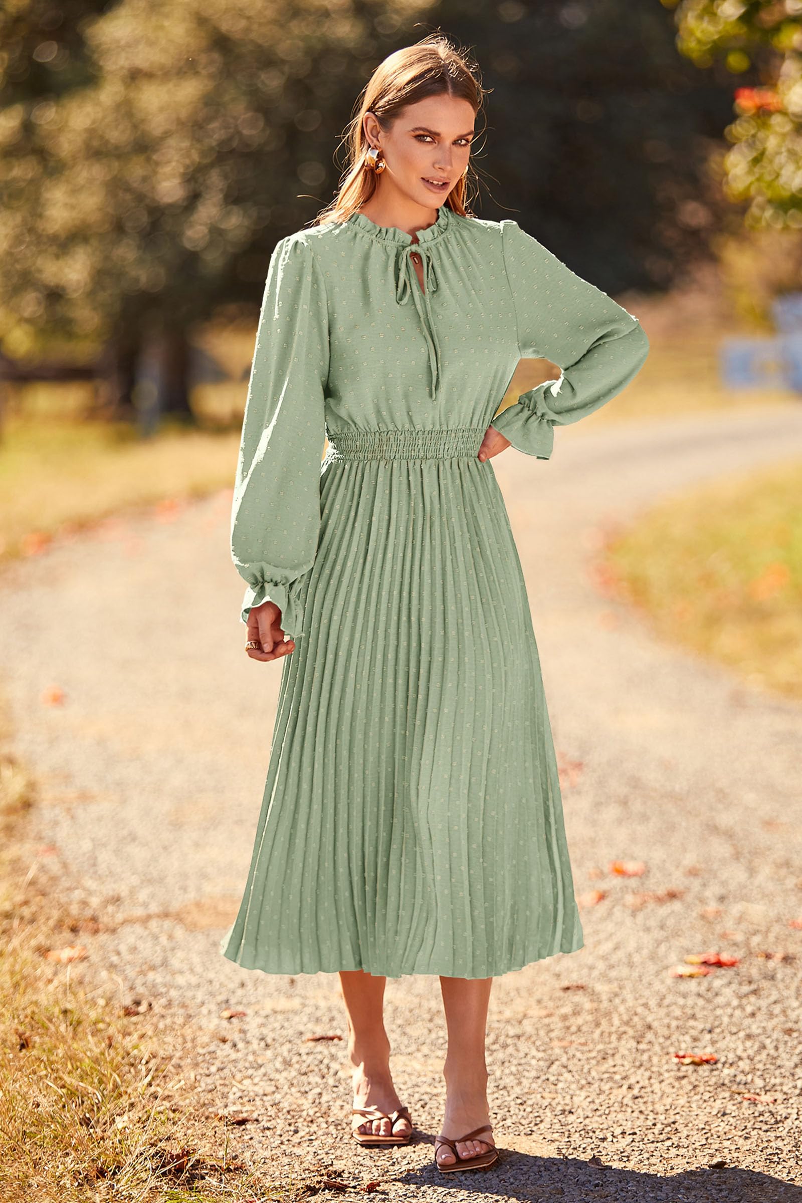 PRETTYGARDEN Women's Spring Fall Midi Dress Casual Long Sleeve V Neck Swiss Dot Pleated A Line Flowy Dresses