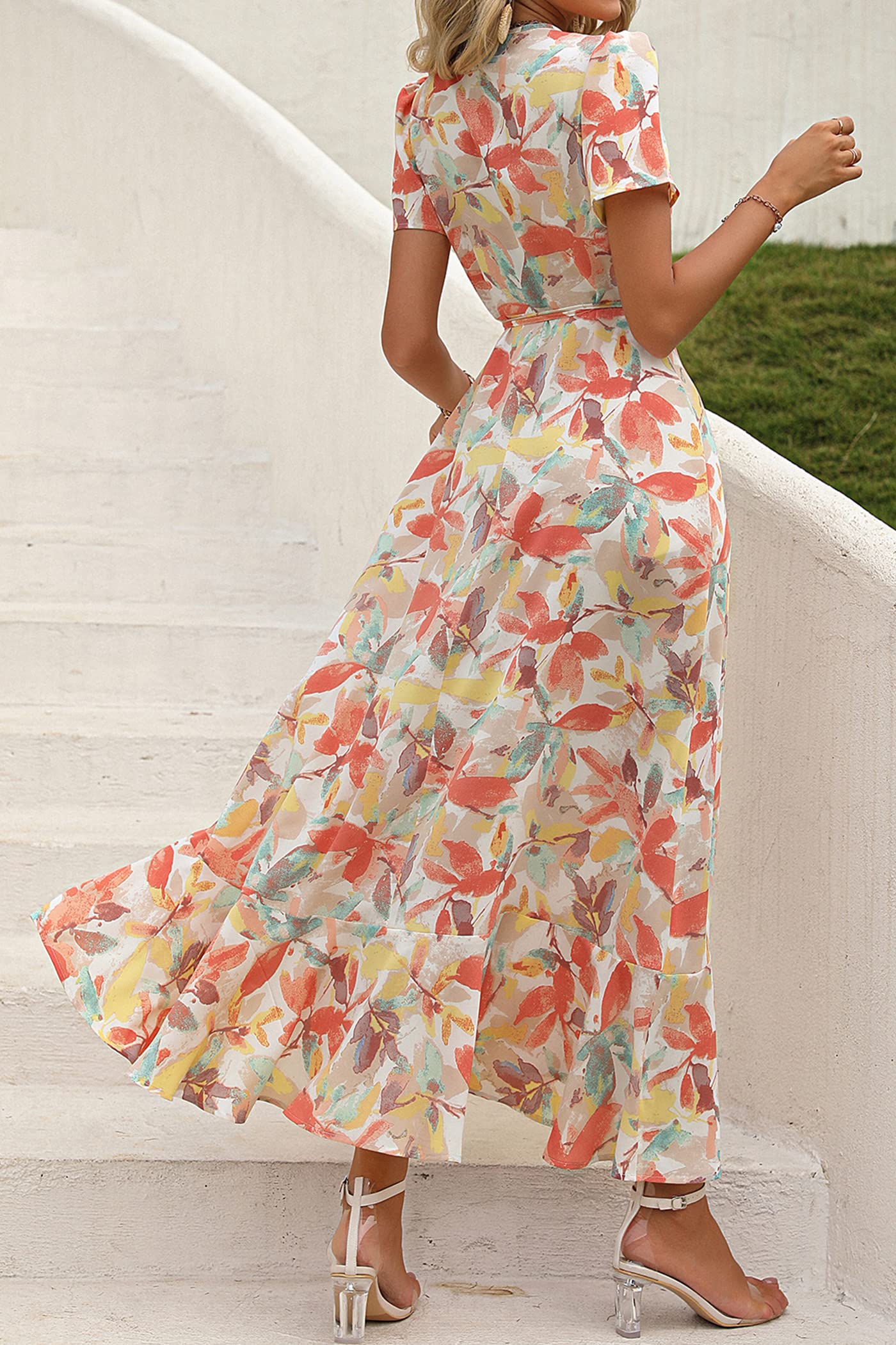 PRETTYGARDEN Women's Summer Maxi Dress Casual Wrap Floral Boho Short Sleeve V Neck Split Ruffle Beach Long Dresses