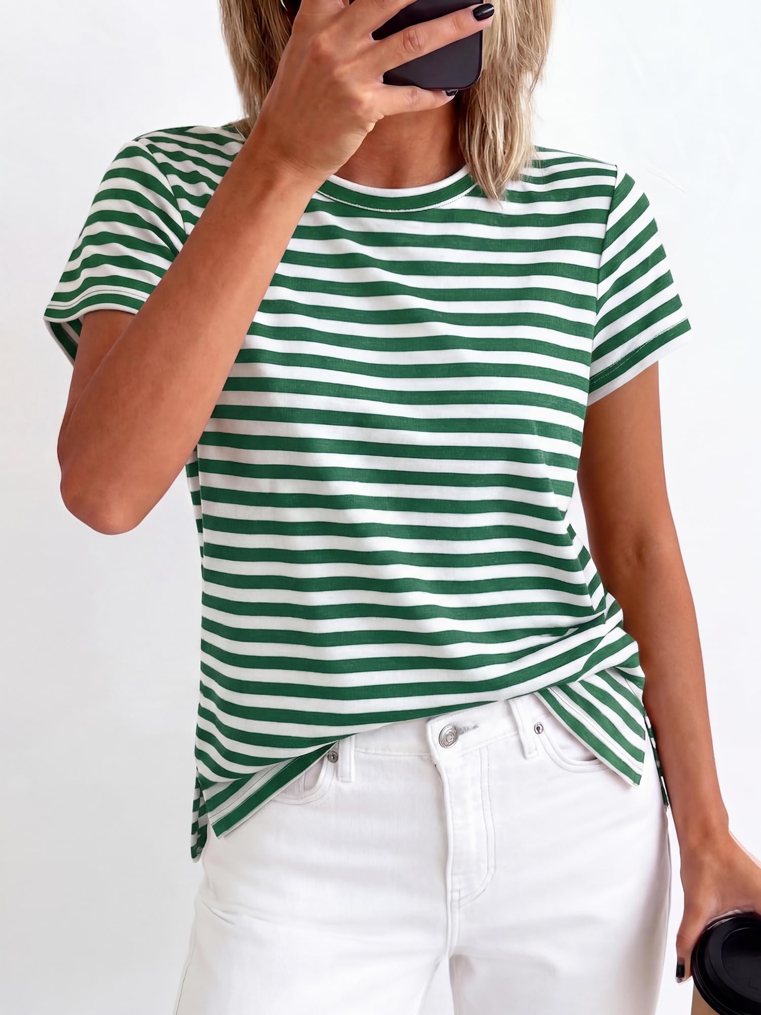 BTFBM Tops for Women Trendy Summer Crew Neck Short Sleeve T Shirts Striped Casual Vacation Blouse Basic Tee