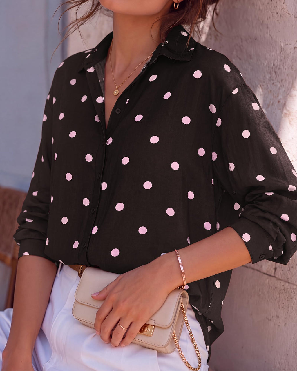 BTFBM Womens Blouses Dressy Casual Floral Long Sleeve Shirts Polka Dot Tops Classic Lapel Collar,Button Cuffs,V Neck Button Down Shirt,Business Casual Outfits,Early Fall Fashion Clothing Trendy