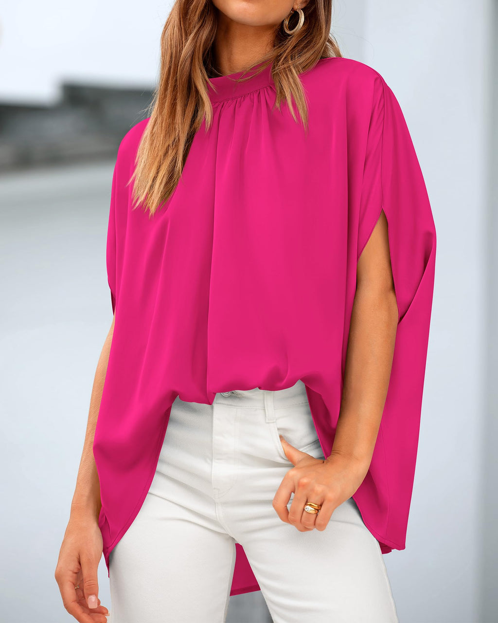 FreshPretty Womens Summer Tops Fall Mock Neck Batwing Sleeve Shirts Loose High Low Hem Oversized Dressy Casual Blouses