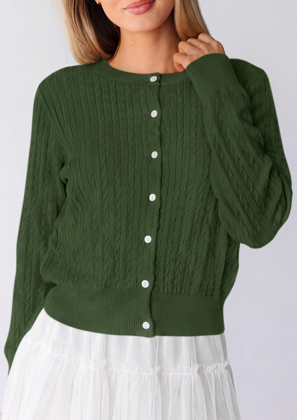 PRETTYGARDEN Women Lightweight Button Up Cardigan Sweaters | Soft Stretchy, Cozy Cable Knit, Long Sleeve Crew Neck, Trendy Cardigans, Cute Casual Outfits, Early Fall Fashion Clothing