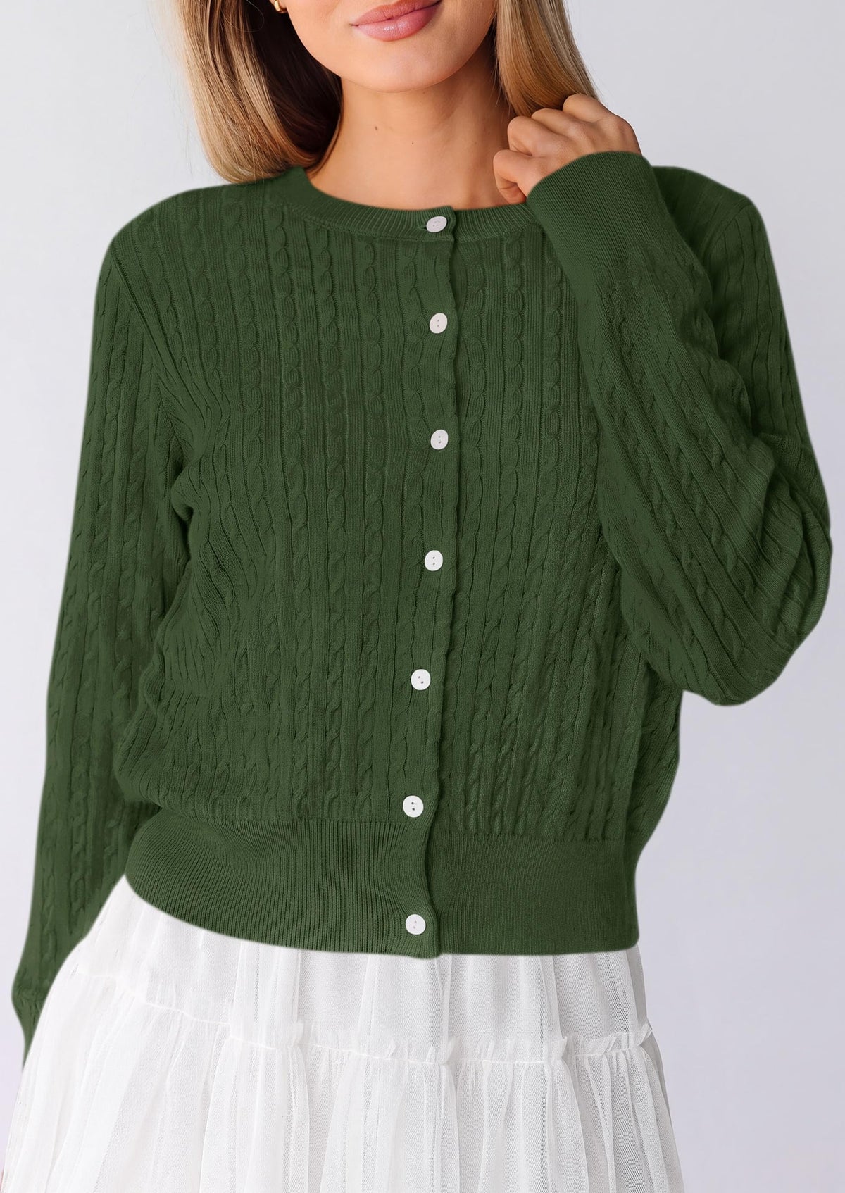PRETTYGARDEN Women Lightweight Button Up Cardigan Sweaters | Soft Stretchy, Cozy Cable Knit, Long Sleeve Crew Neck, Trendy Cardigans, Cute Casual Outfits, Early Fall Fashion Clothing