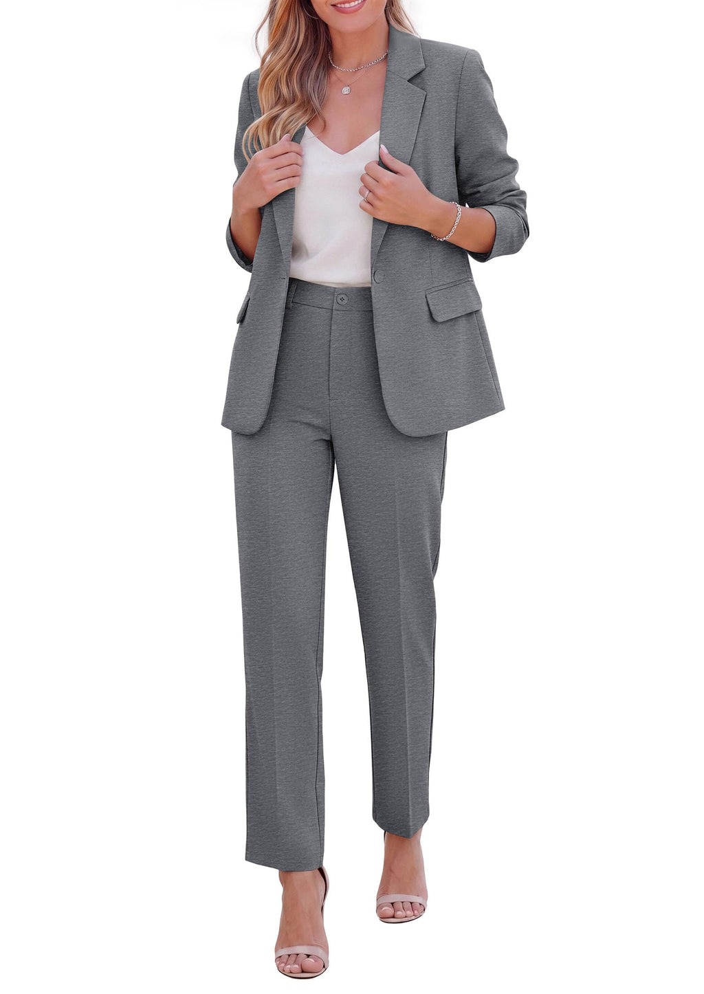 PRETTYGARDEN Two Piece Sets for Women Dressy Pant Suits Lapel Blazer,Straight Leg Dress Pants,Professional Interview Suit Set,Business Casual Outfits,Office Work Clothes,Fall Winter
