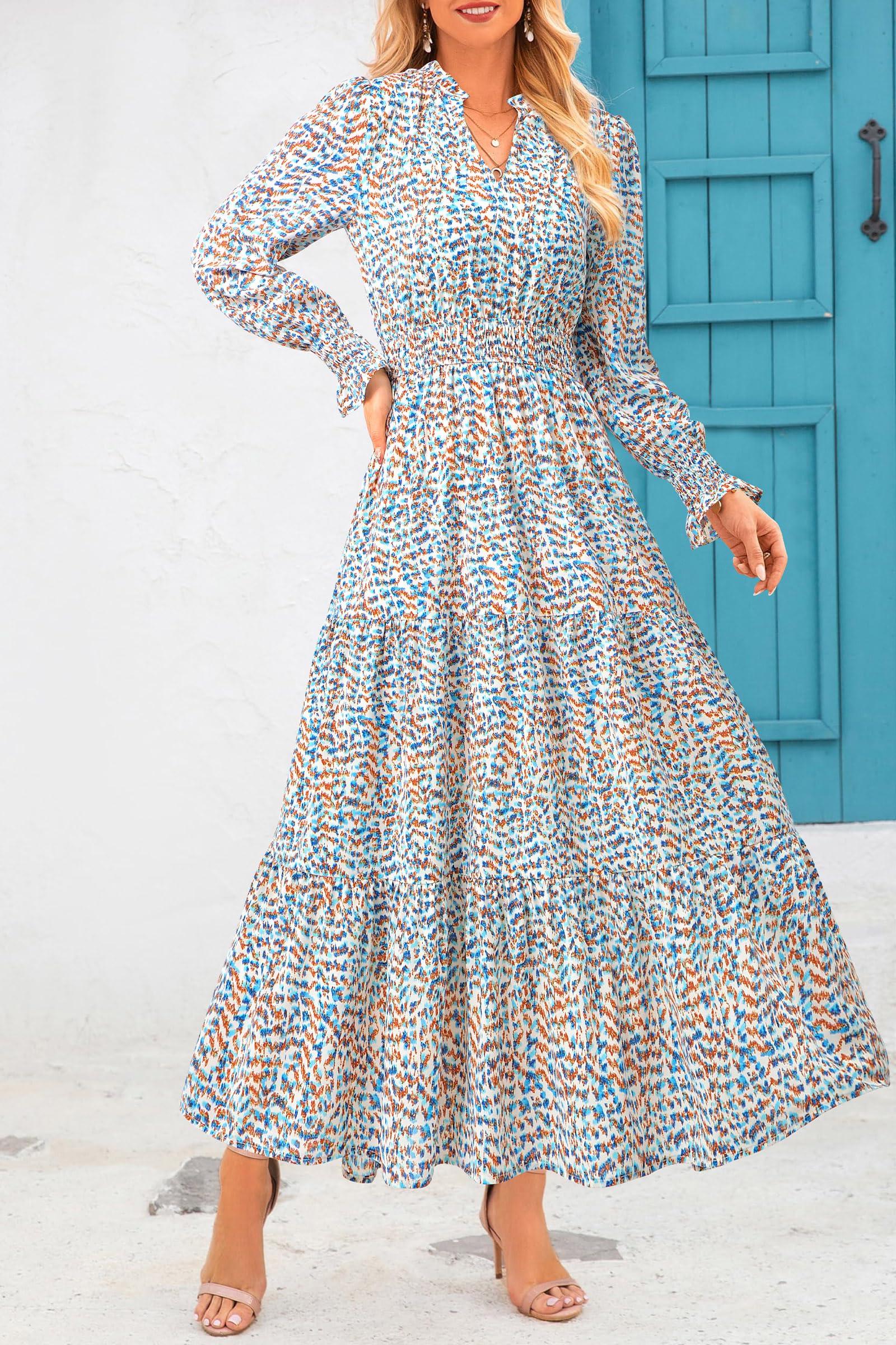 PRETTYGARDEN Women's Floral Maxi Dress Fall Long Sleeve V Neck Casual A Line Long Flowy Boho Party Dresses