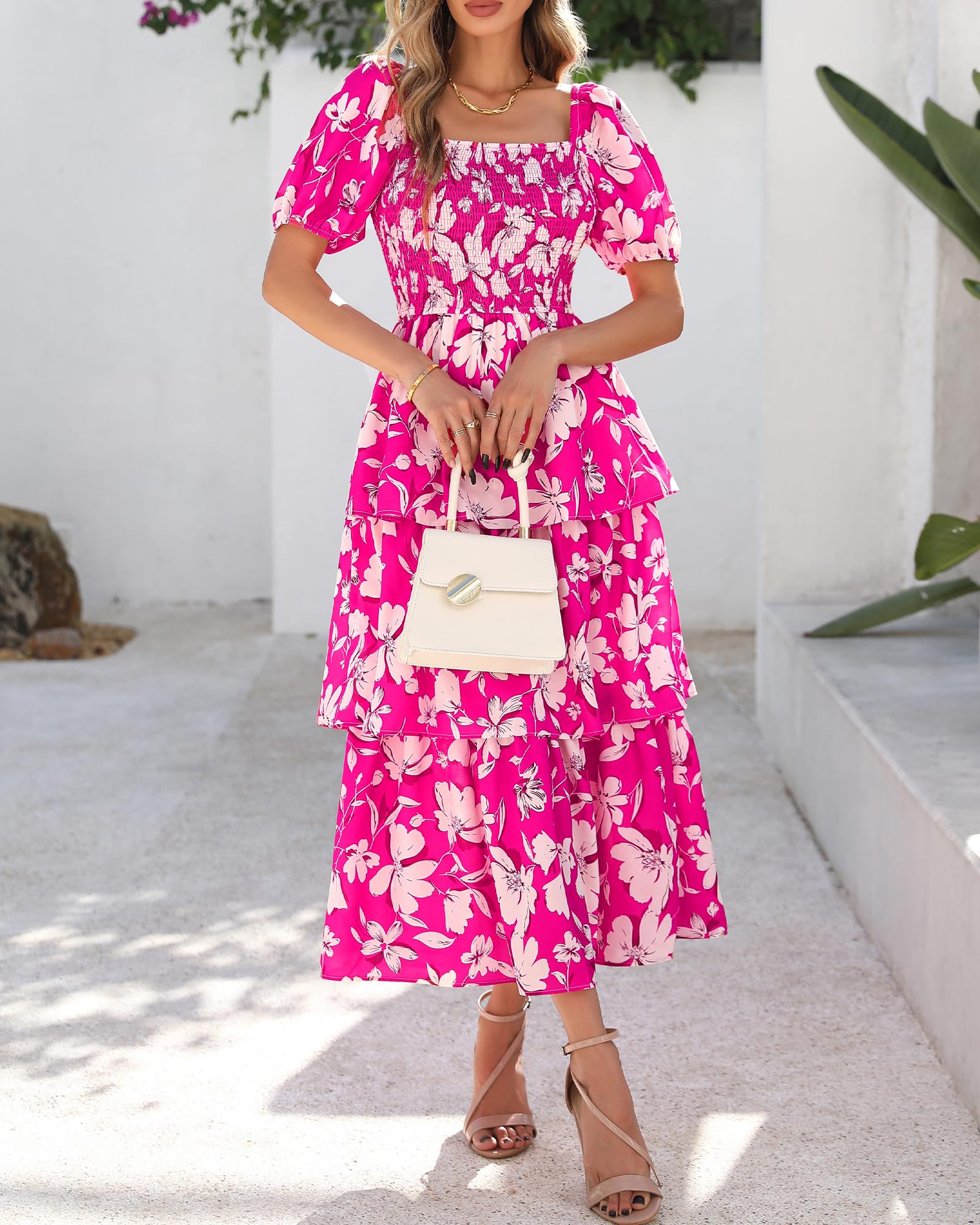 BTFBM Womens Square Neck Smocked Dress Summer Puff Short Sleeve Floral Casual Ruffle Tiered Maxi Wedding Guest Dresses