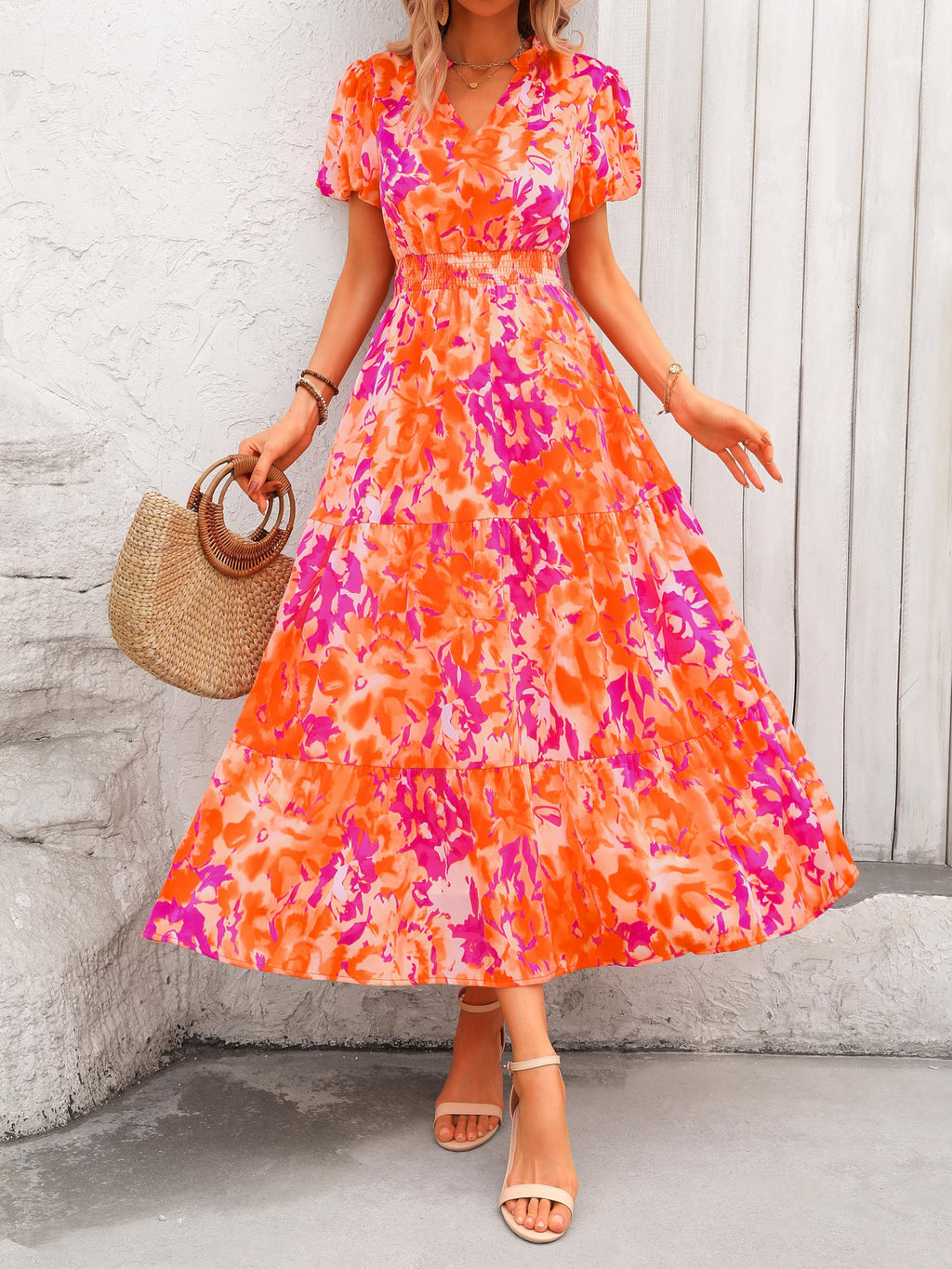 PRETTYGARDEN Summer Maxi Dresses for Women  Casual V Neck Puff Short Sleeve Smocked Flowy Beach Boho Long Floral Dress