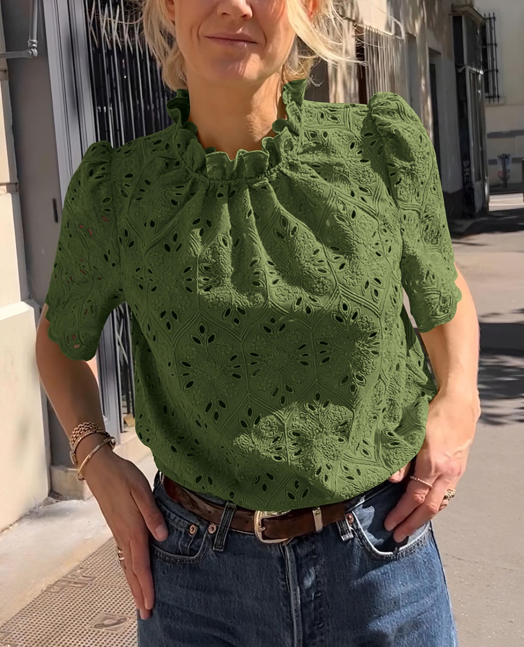 PRETTYGARDEN Womens Summer Tops Trendy Short Sleeve Eyelet Embroidered Dressy Casual Blouse Shirts