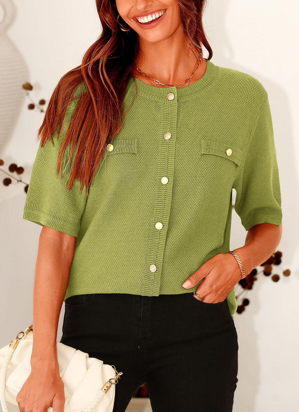 PRETTYGARDEN Women's Summer Button Down Shirts Casual Short Sleeve Crew Neck Ribbed Knit Blouse Top Cardigans