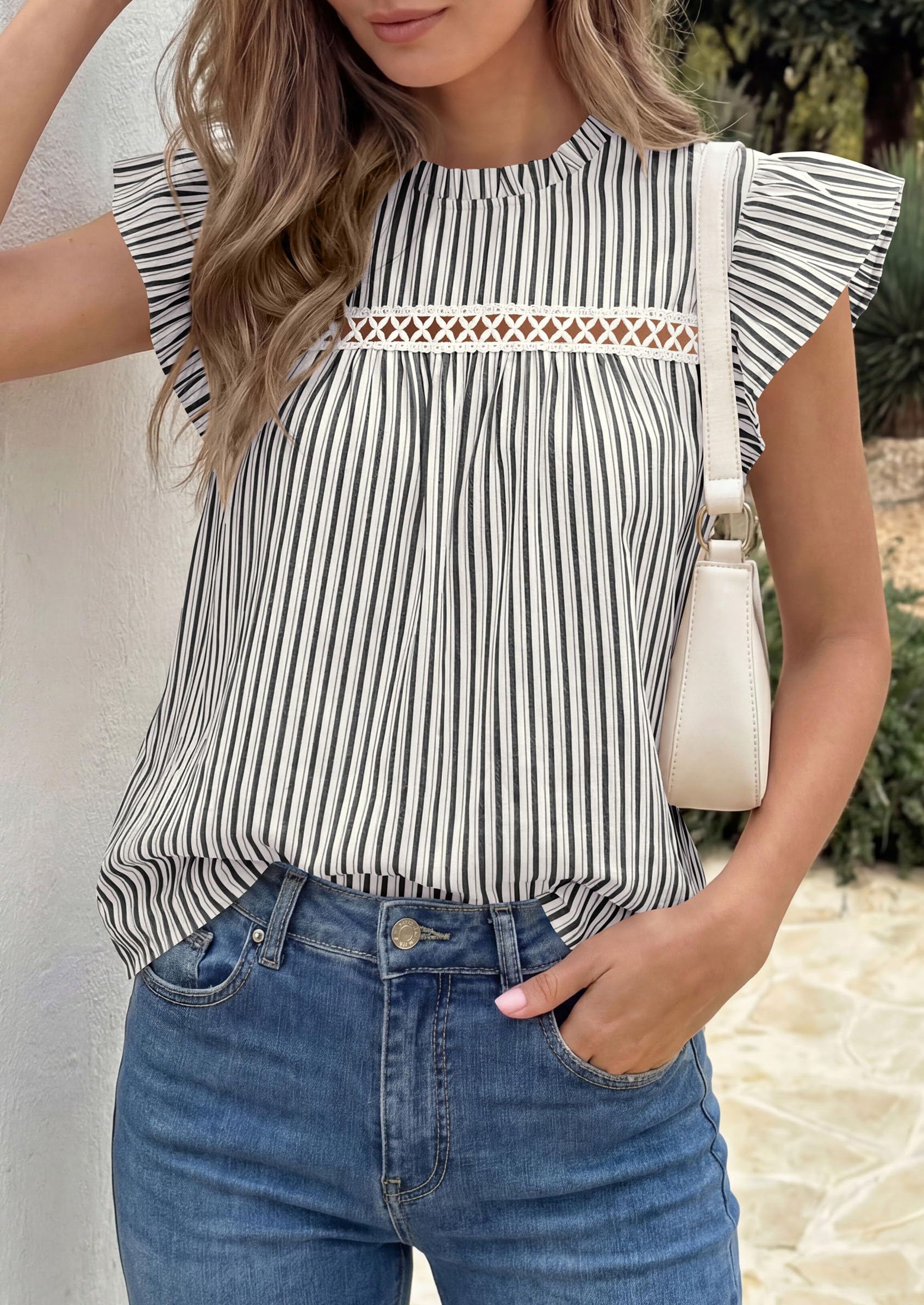 PRETTYGARDEN Striped Shirt Womens Summer Tops  Spring Business Casual Work Dressy Crochet Lace Ruffle Cap Sleeve Blouse