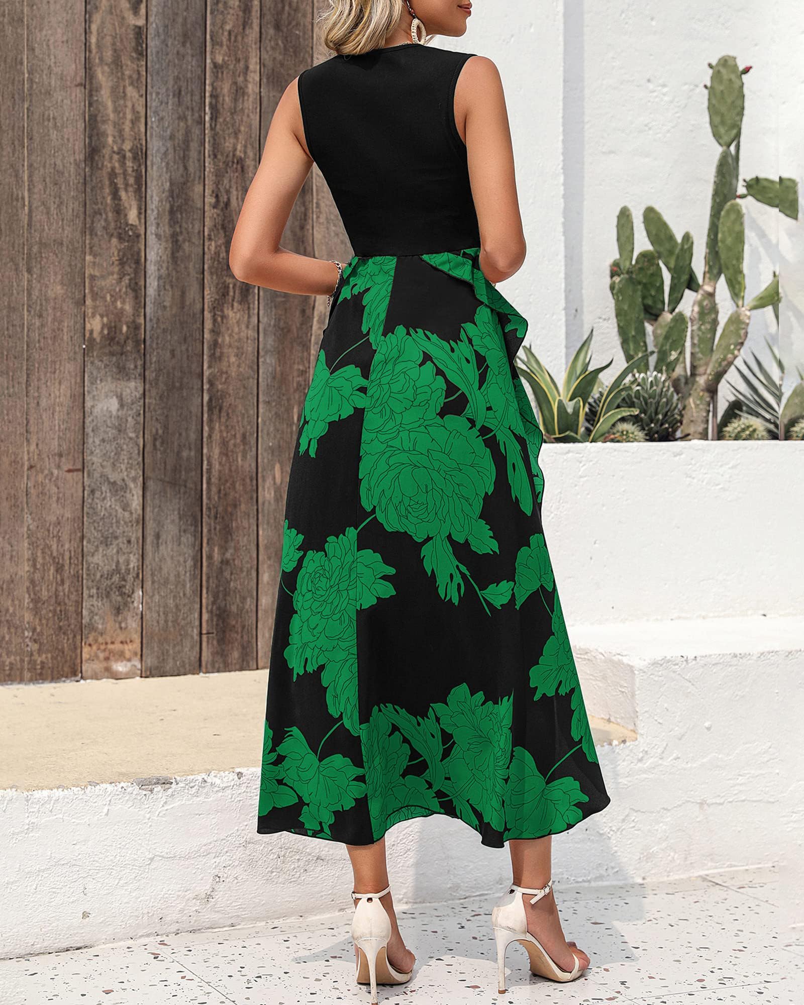 FreshPretty Women Casual Sleeveless Summer Dresses Spring Crewneck Patchwork Boho Floral Ruffle Cocktail Party Midi Dress