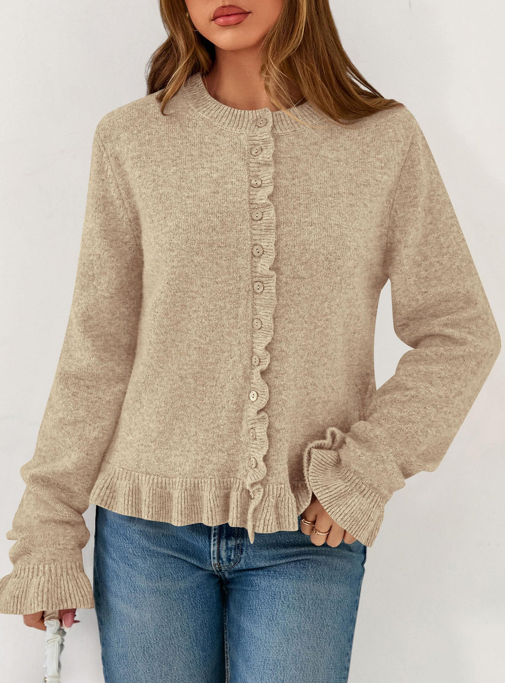 PRETTYGARDEN Womens Fall Button Down Cardigans Chunky Knit Ruffle Open Front Cropped Cardigan Sweaters Soft Long Sleeve Tops