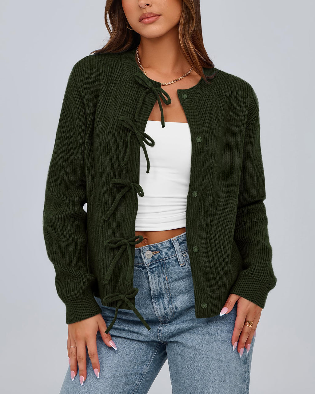 BTFBM Bow Cropped Cardigan Sweaters for Women Fall Winter Open Front Sweater Long Sleeve Button Fashion Spring Clothes
