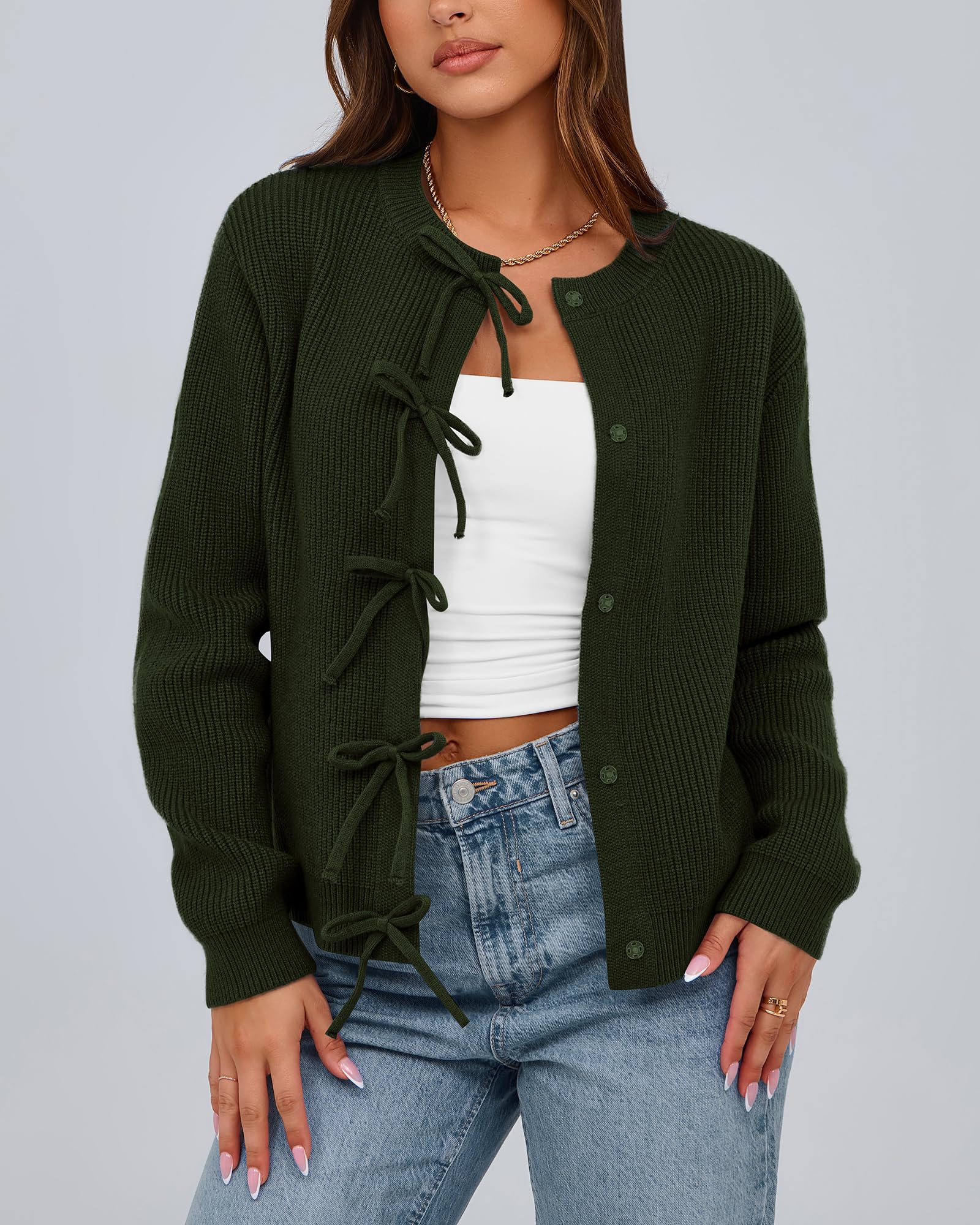 BTFBM Bow Cropped Cardigan Sweaters for Women Fall Winter Open Front Sweater Long Sleeve Button Fashion Spring Clothes