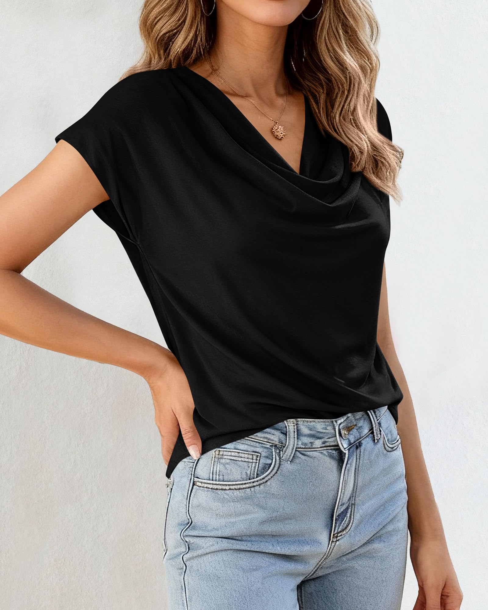 FreshPretty Blouses for Women Dressy Casual Spring Summer Tops Cowl Neck Short Sleeve Shirts Work Office Business Outfits