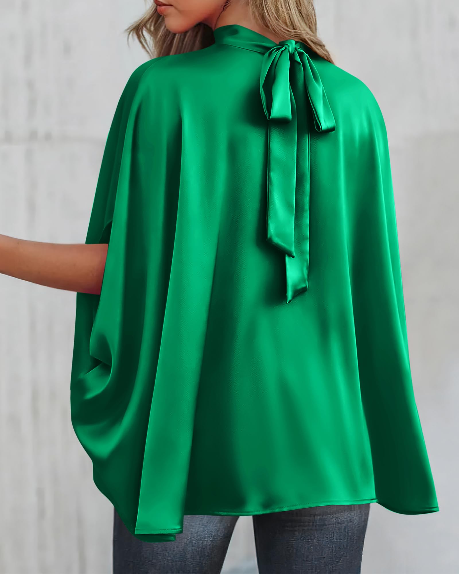 BTFBM Womens Summer Tops Mock Neck Batwing Sleeve Silk Satin Shirts Loose Oversized Dressy Casual Spring Blouses