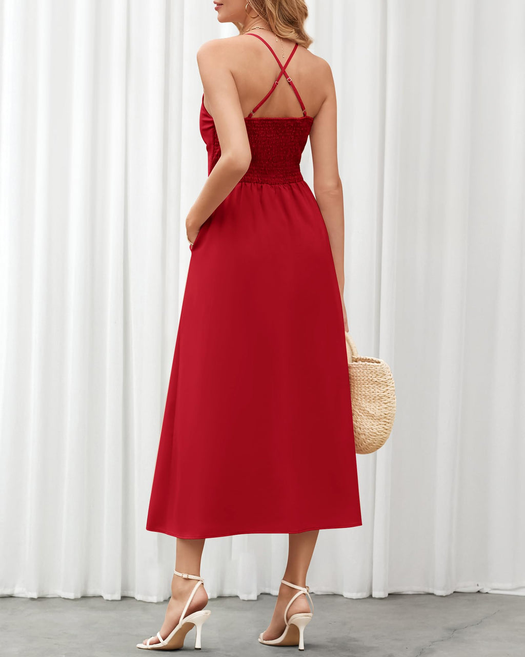 BTFBM Women Spaghetti Strap Midi Summer Dresses Sleeveless V Neck Cutout Slit Casual Beach Party Maxi Dress Pockets