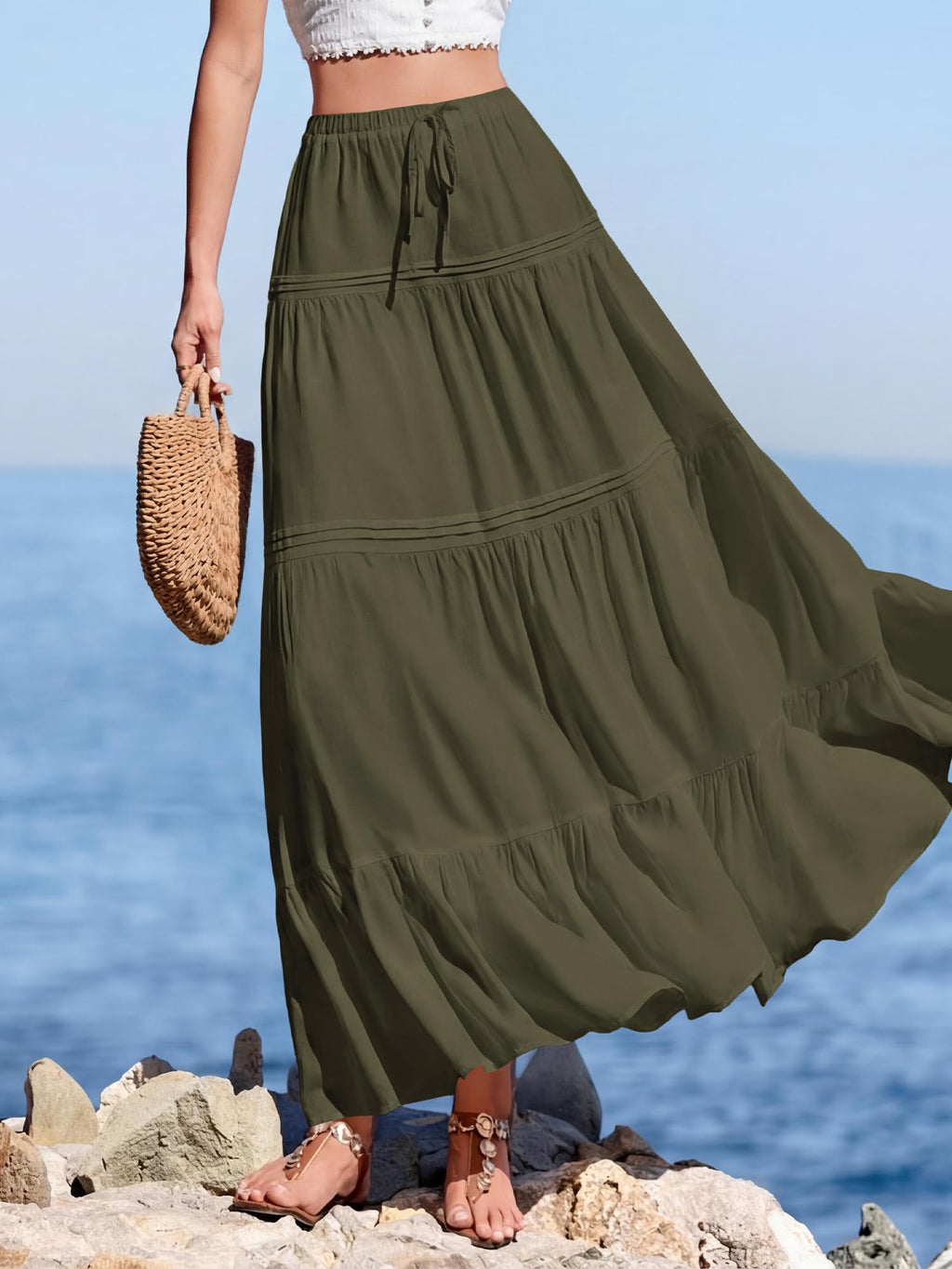 BTFBM Spring Skirts for Women Summer Boho Beach Vacation Clothes Casual Pleated High Waisted Flowy Maxi Skirt