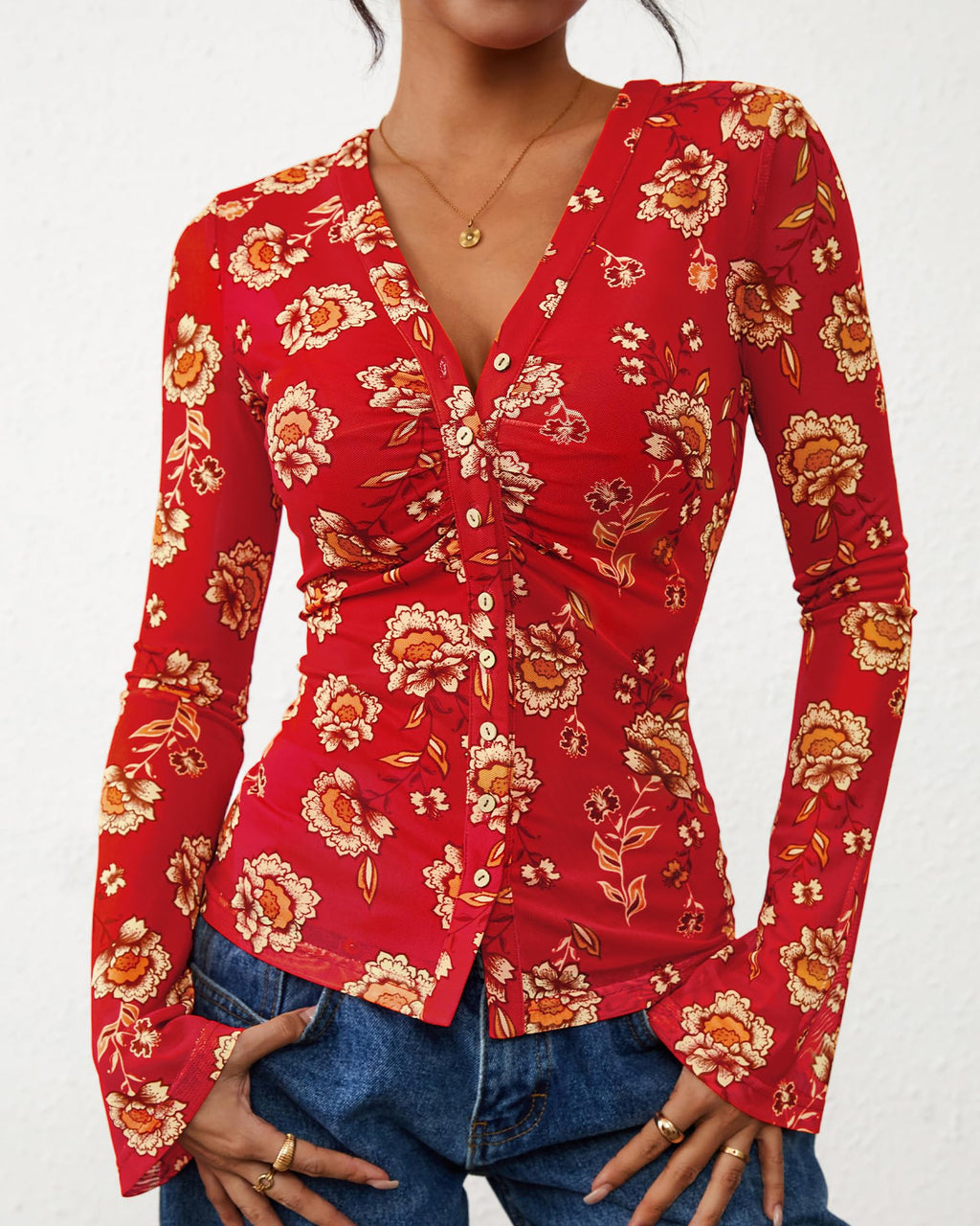 FreshPretty Button Down Shirts for Women Fall Fashion V Neck Long Sleeve Blouse Ruched Mesh Fitted Floral Print Boho Tops