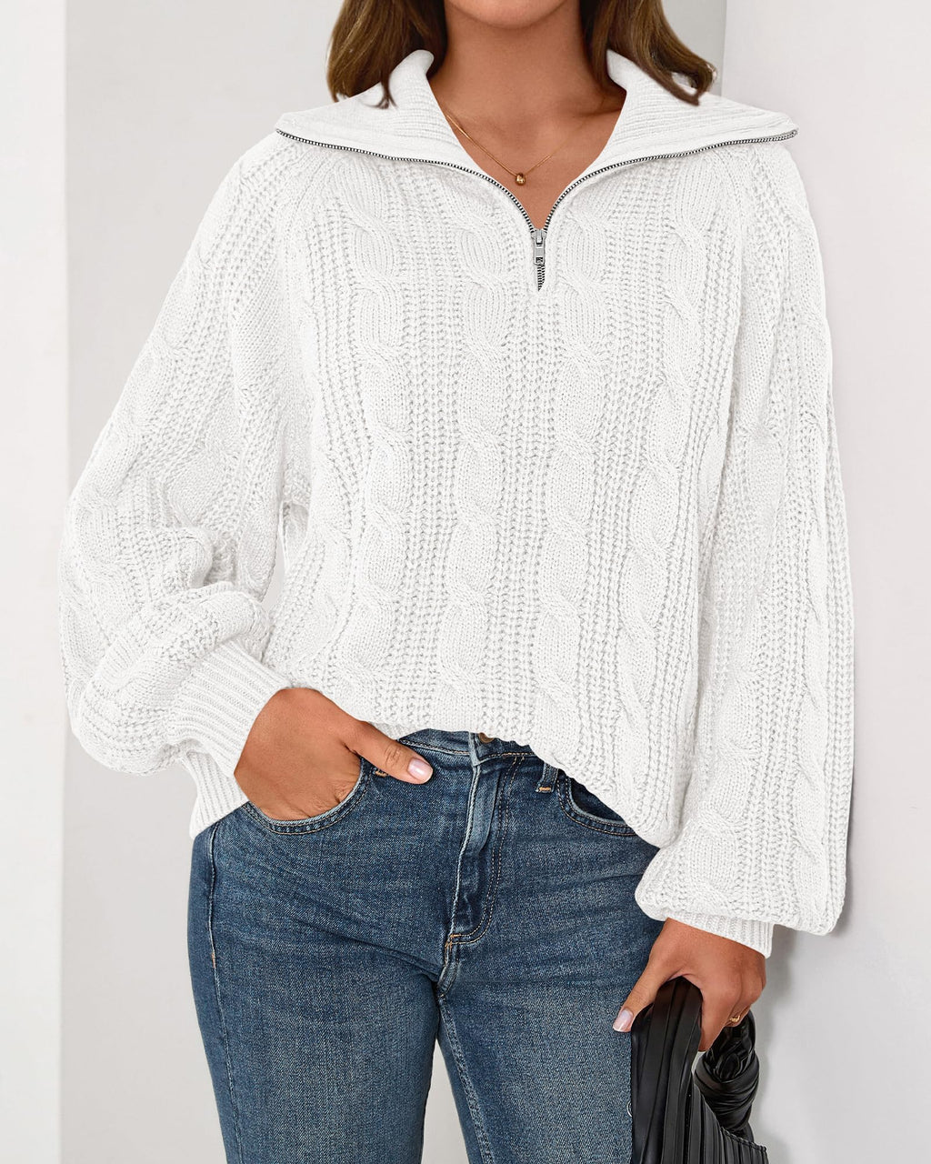 BTFBM Sweaters for Women Fall Fashion Loose Quarter Zip Pullover Collared Long Sleeve Cable Knit Winter Clothes