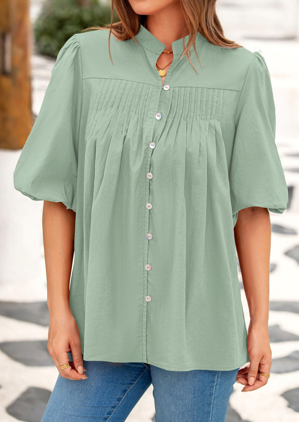 PRETTYGARDEN Women's  Summer Short Lantern Sleeve Tops Loose Fit Button Down Shirt Pleated V Neck Blouses Trendy Clothes