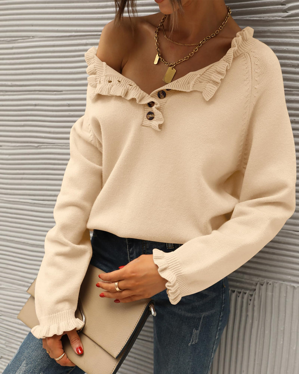 FreshPretty Womens Sweaters Fall Winter Clothes Long Sleeve Button Down Ruffle Crew Neck Casual Knitted Pullover Tops