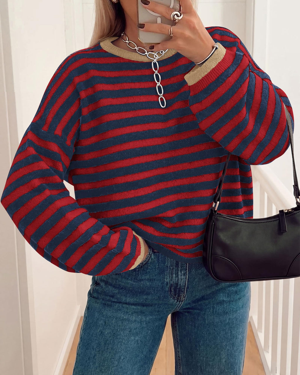 BTFBM Women's Lightweight Oversized Striped Sweater | Soft Knit Cozy Sweaters, Crew Neck Long Sleeve Pullover, y2k Color Block, Casual Holiday Outfits, Winter Fall Clothes
