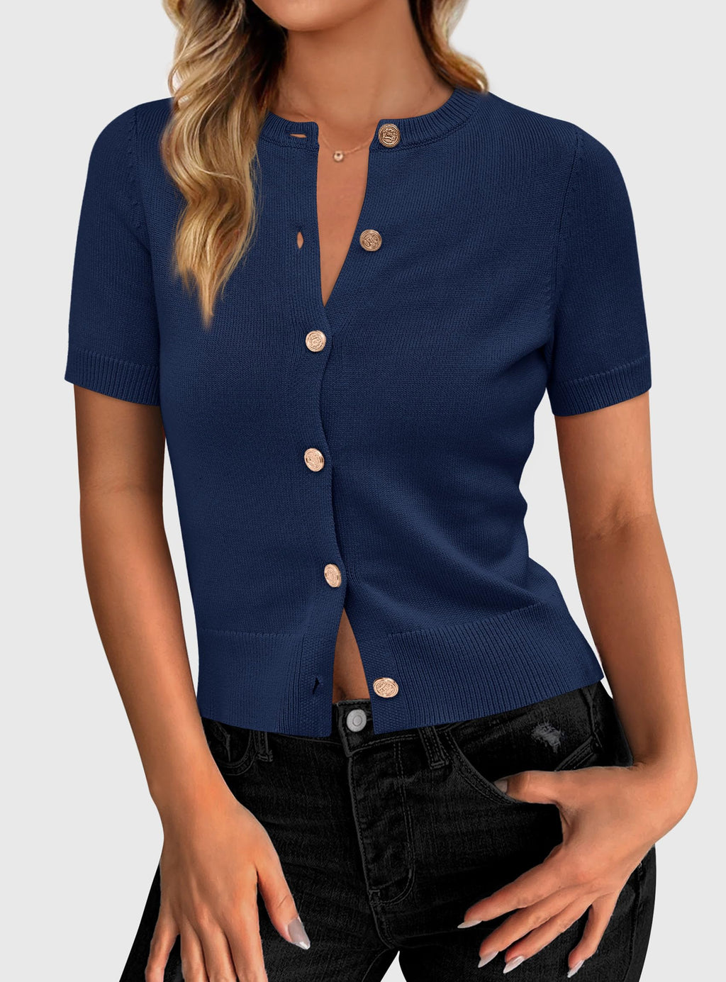 PRETTYGARDEN Womens Casual Summer Short Sleeve Cardigans Button Down Knitted Sweater Basic Crew Neck Crop Tops