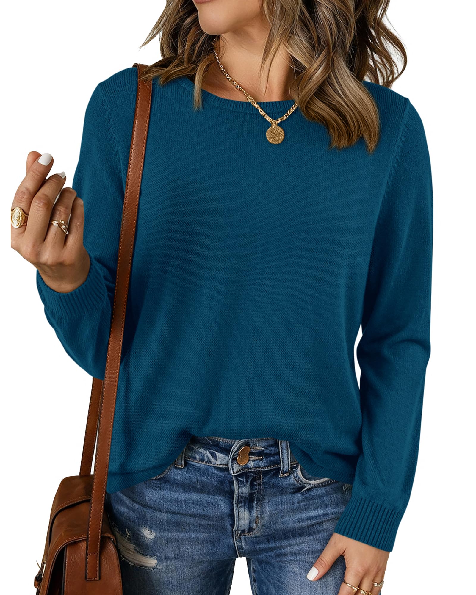 BTFBM Womens Long Sleeve Crew Neck Sweaters Spring Casual Classic Soft Loose Fit Basic Pullover Jumper Knit Top