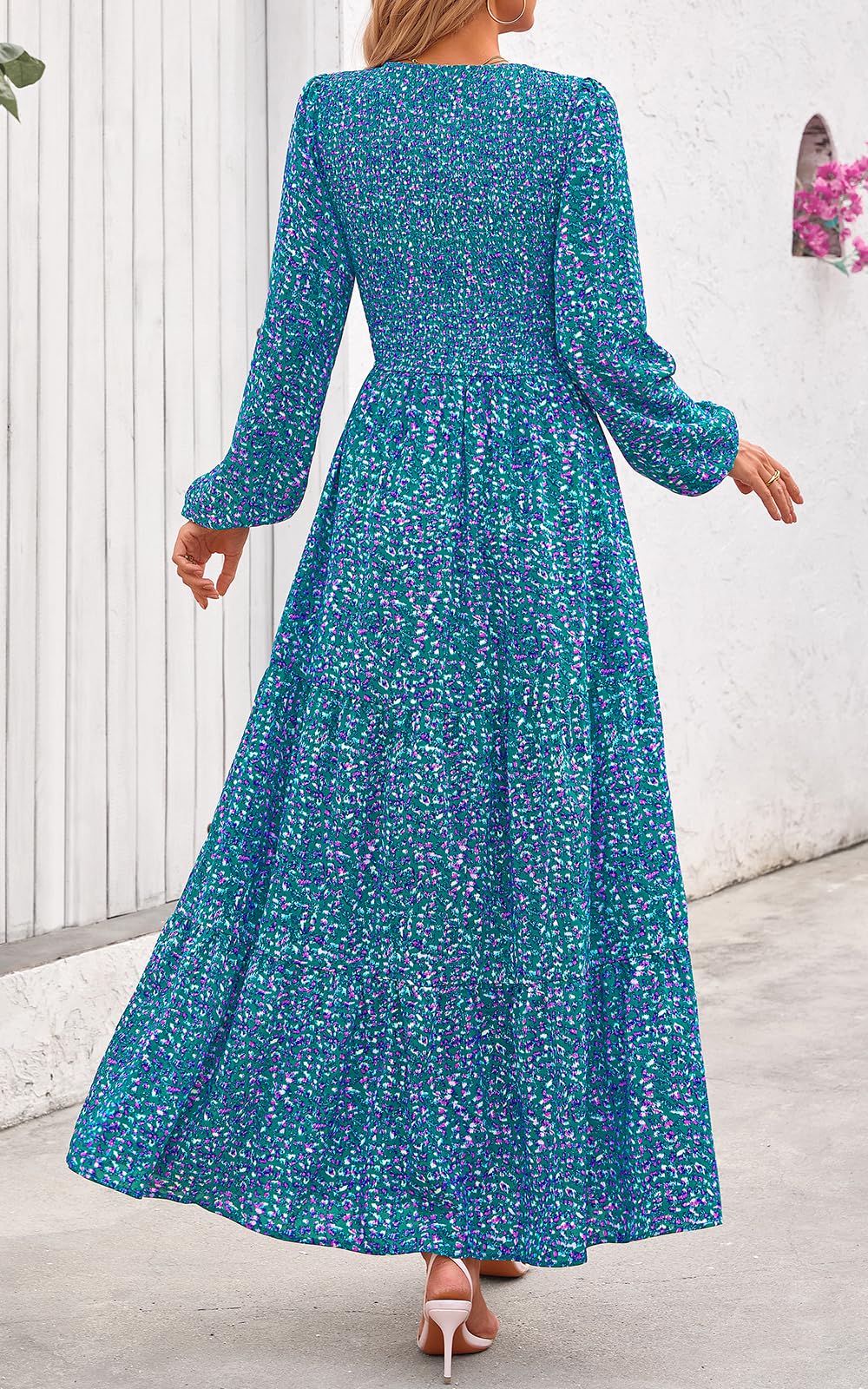 PRETTYGARDEN Women's Fall Dresses Long Sleeve Flowy Casual Floral Maxi Dress Crew Neck Smocked Tiered Long Dress