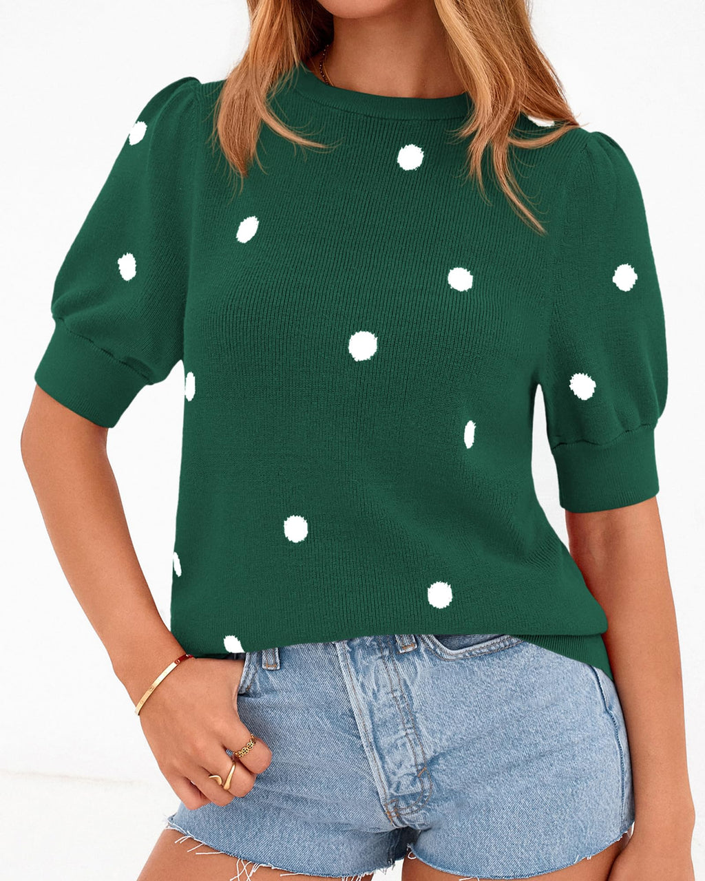 BTFBM Womens Sweaters Polka Dot Short Sleeve Sweater for Women Crew Neck Knit Summer Tops Business Dressy Casual Blouses