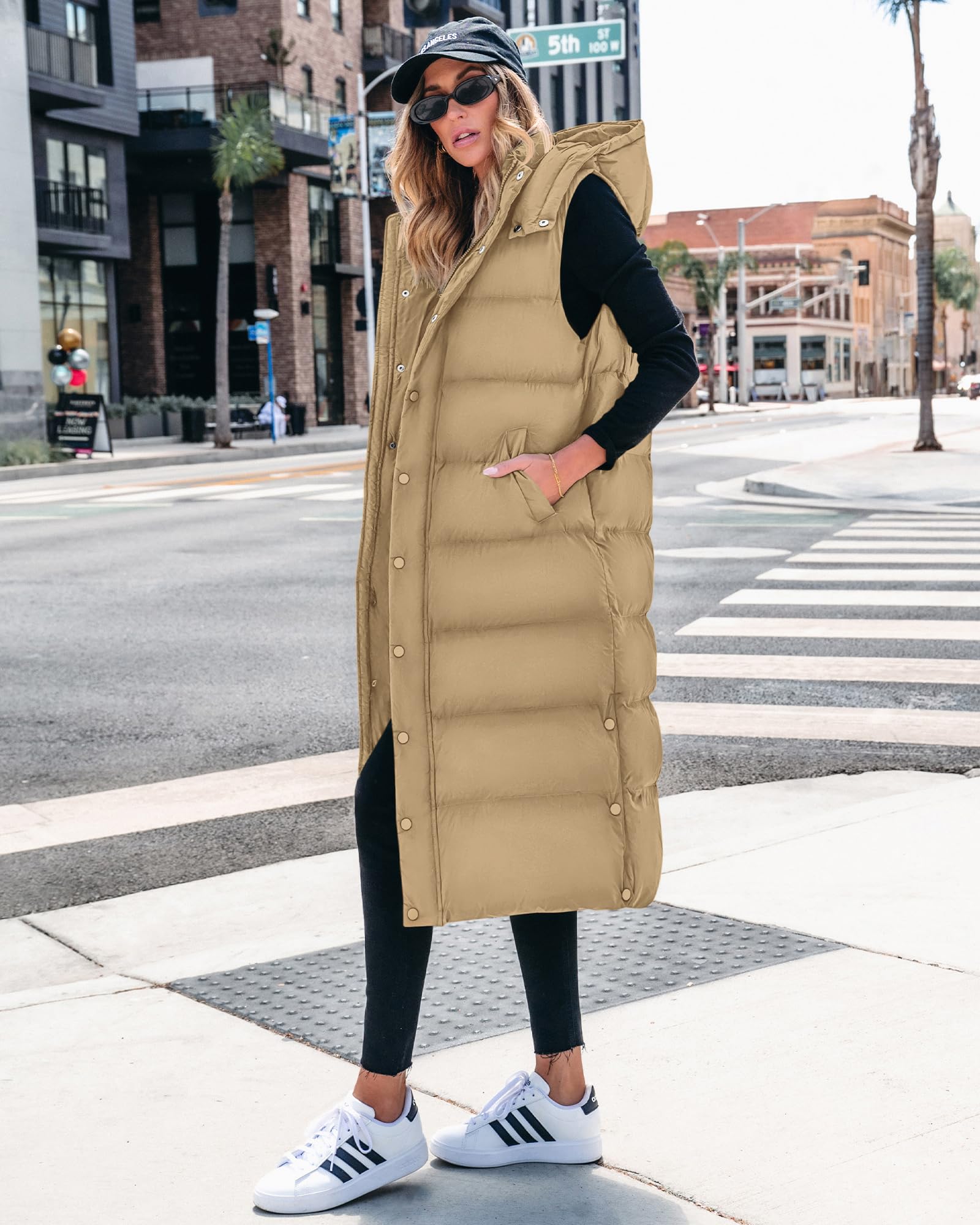 FreshPretty Long Puffer Vest Women Quilted Hooded Button Down Zip Up Sleeveless Vests Outerwear Padded Jacket Fall Winter Coat