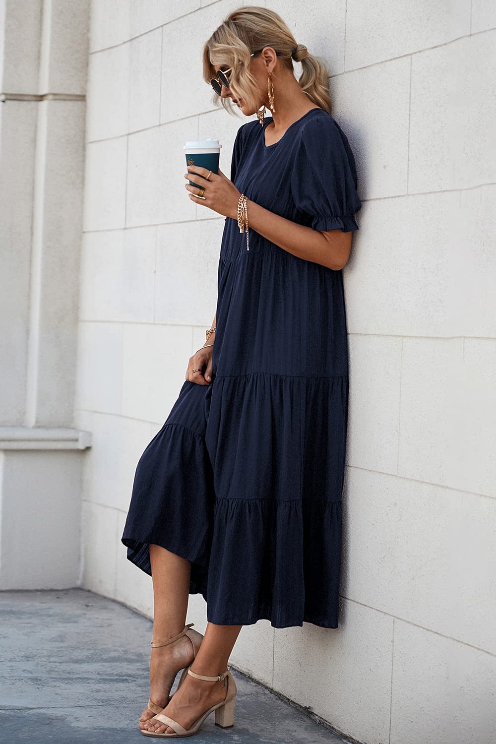 PRETTYGARDEN Summer Dresses for Women Casual Floral Boho Midi Sun Dress Puff Short Sleeve Flowy Beach Vacation Sundress