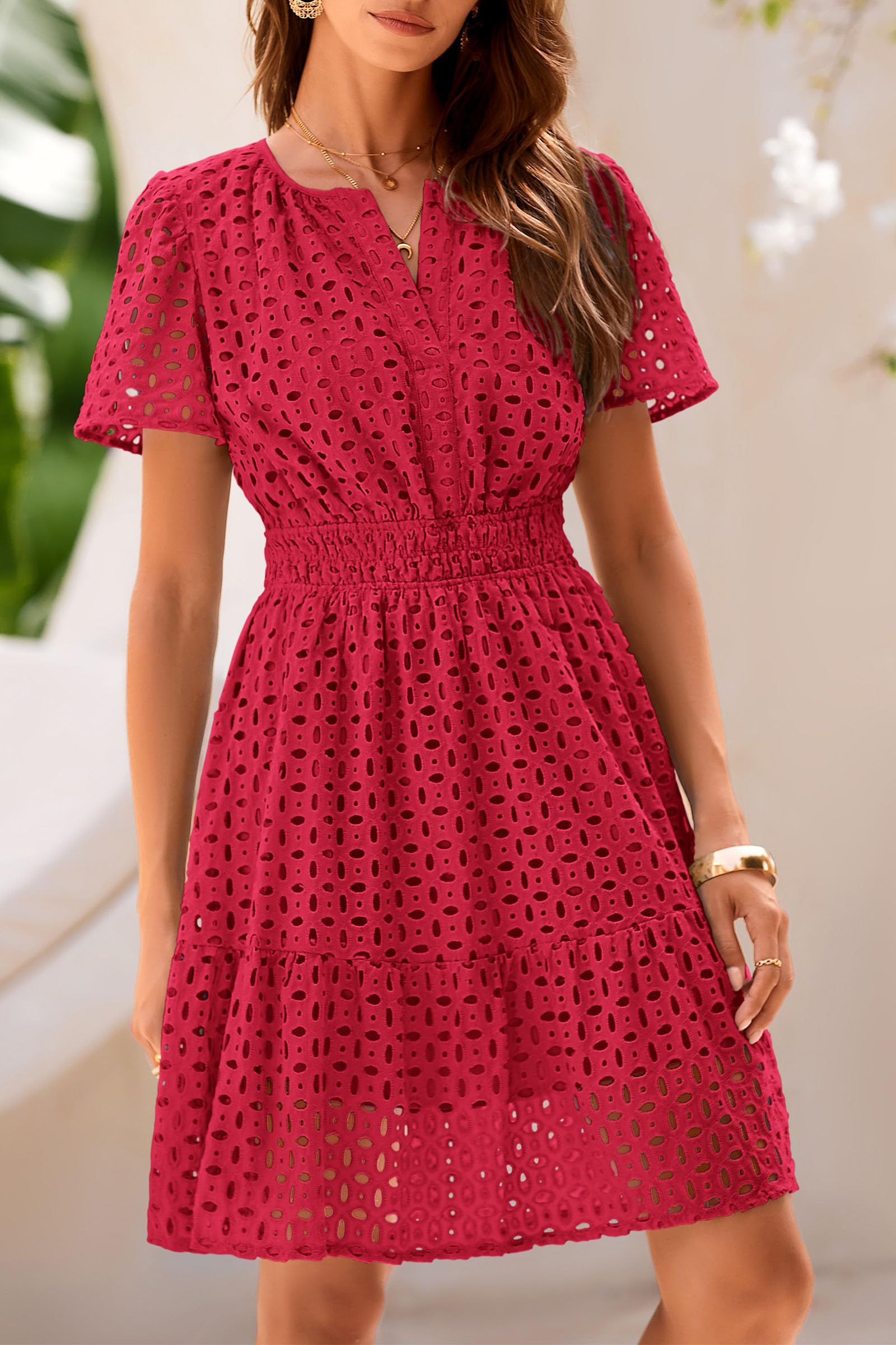 PRETTYGARDEN Womens Summer Short Dress V Neck Short Sleeve A Line Hollow Out Lace Ruffle Cute Casual Beach Party Dresses