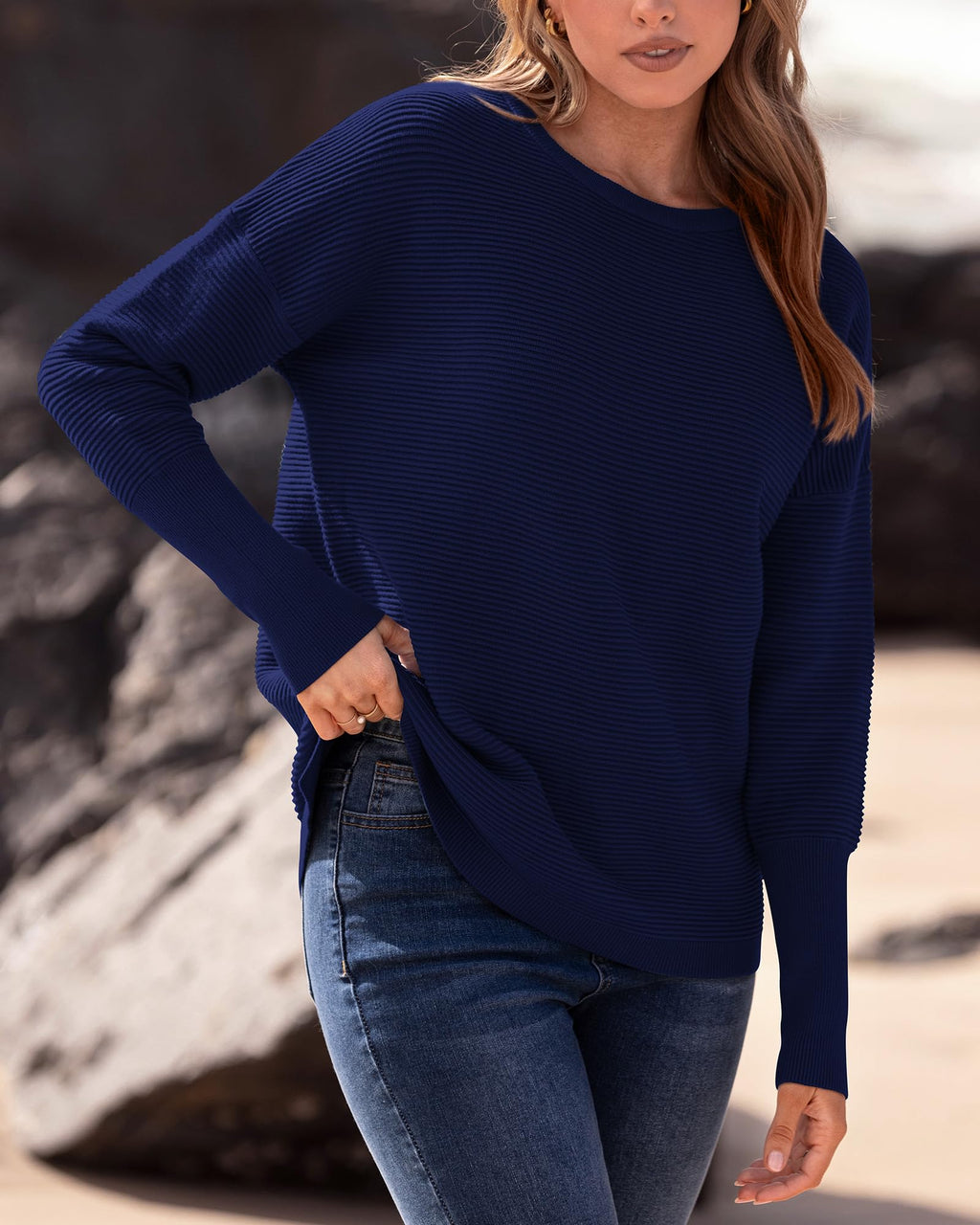 FreshPrettyFall Sweaters for Women Casual Long Sleeve Sweater Striped Loose Fit Pullover Tops