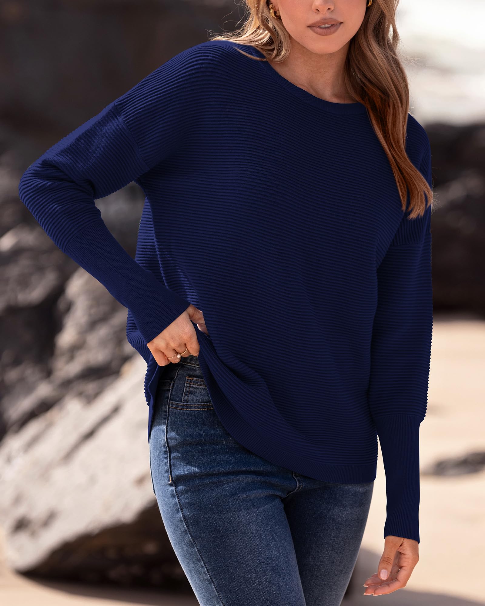 FreshPrettyFall Sweaters for Women Casual Long Sleeve Sweater Striped Loose Fit Pullover Tops