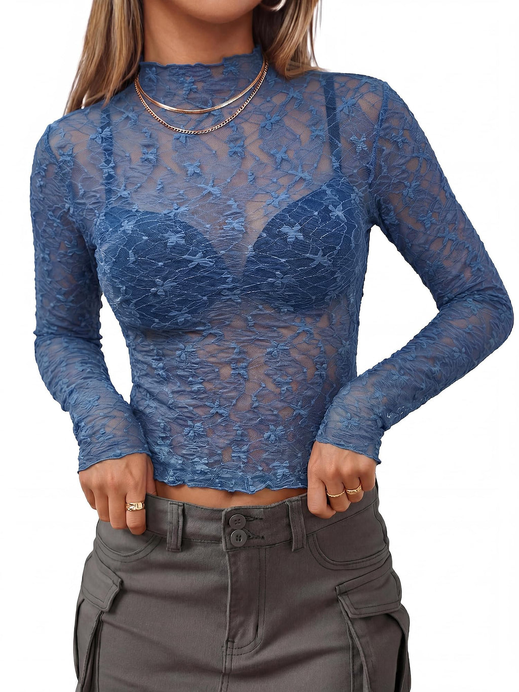 BTFBM Womens Tops Mesh Lace Long Sleeve Tops for Women Spring Fall Sheer See Through Tight Party Club Outfits