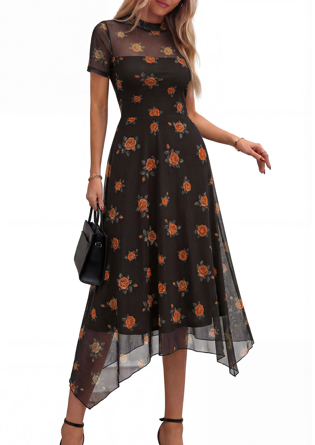 PRETTYGARDEN Cocktail Dresses for Women  Summer Short Sleeve Floral Mesh Sheer Midi Party Wedding Guest Dress