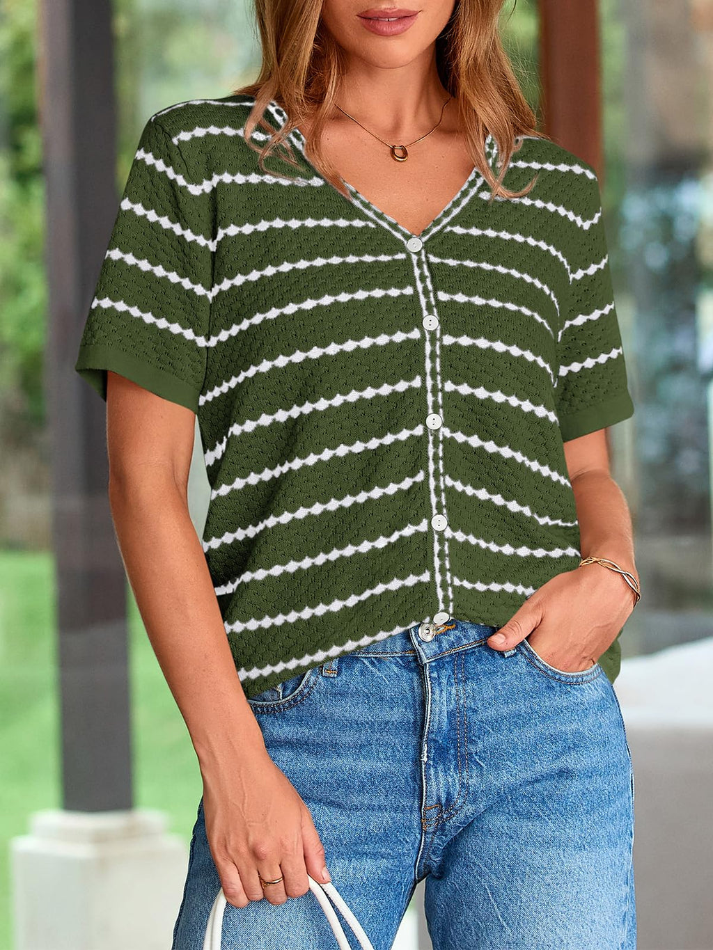 FreshPretty Women's Short Sleeve Sweater Spring Summer Crochet Knit Tops V Neck Striped Button Down Dressy Casual Blouses