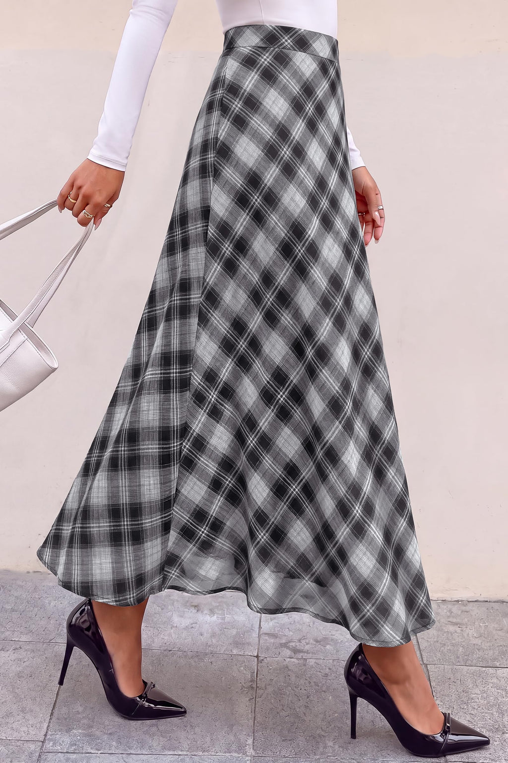 FreshPretty Casual A-Line Plaid Maxi Skirts for Women Trendy Fall Fashion Lightweight Chiffon Gingham Elastic Waist Long Skirt,Cute Winter Clothing,Spring Flowy Beach Vacation Clothes