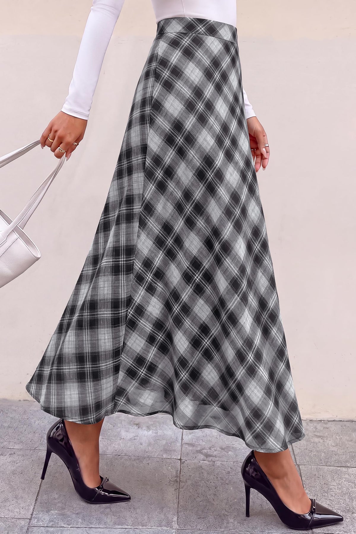FreshPretty Casual A-Line Plaid Maxi Skirts for Women Trendy Fall Fashion Lightweight Chiffon Gingham Elastic Waist Long Skirt,Cute Winter Clothing,Spring Flowy Beach Vacation Clothes