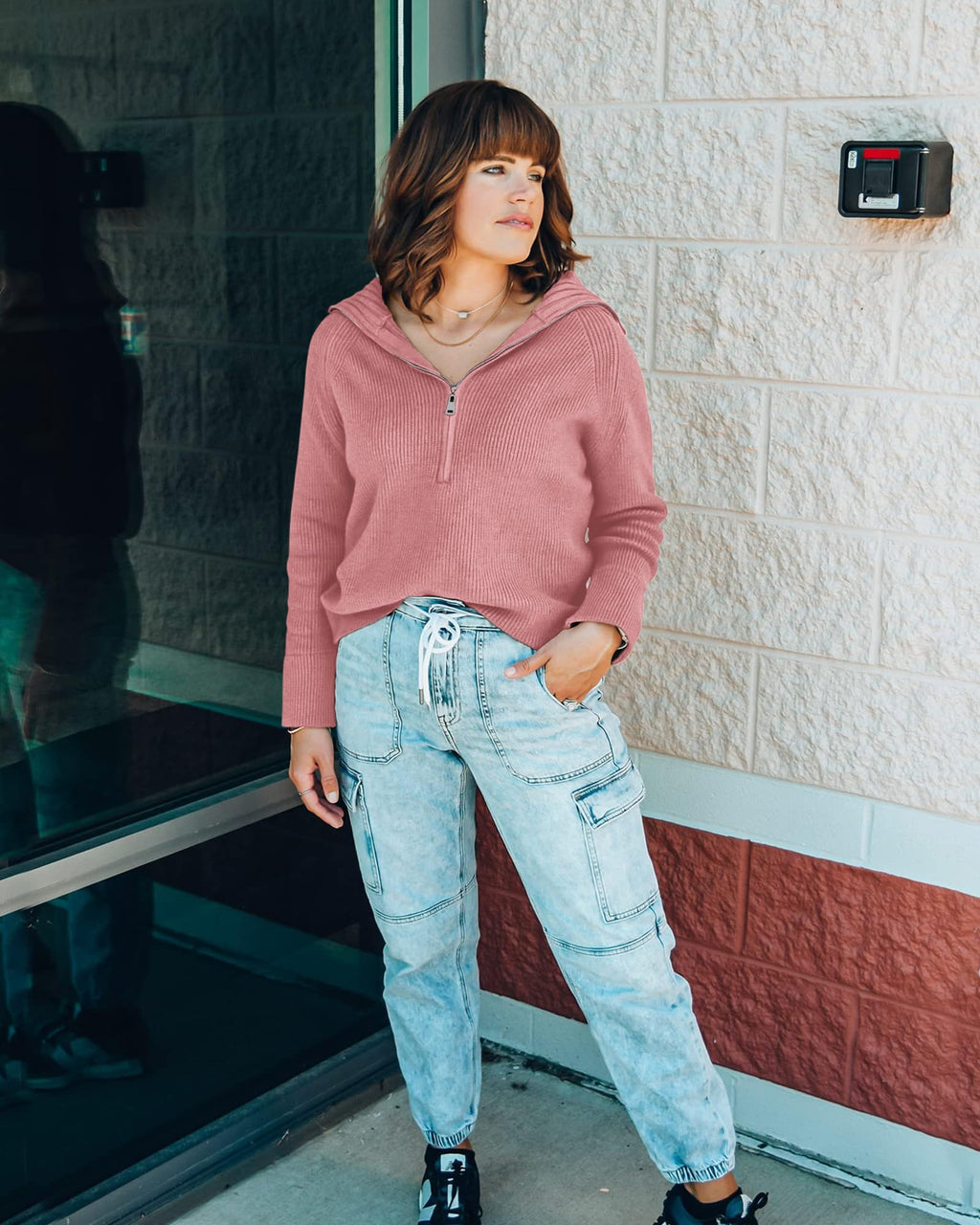 FreshPretty Womens Sweaters Quarter Zip Pullover V Neck Collar Long Sleeve Ribbed Knit Loose Casual Winter Fall Sweater